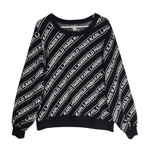 KARL LAGERFELD Diagonal Logo Sweater Medium Black White Crew Neck Bishop Sleeve - Picture 2 of 12